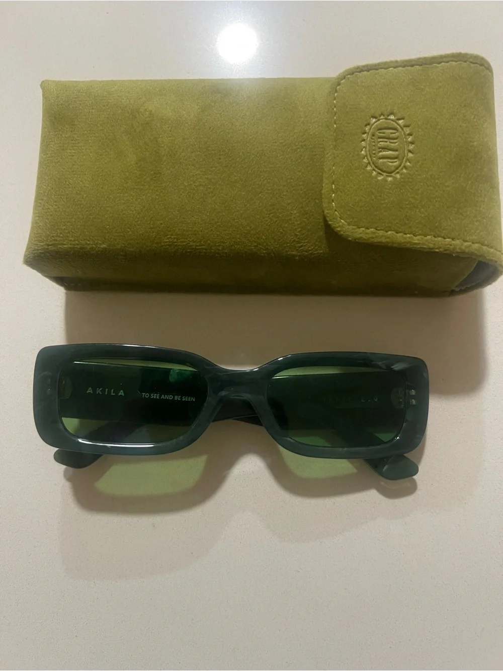 AKILA Green Rectangular Sunglasses with Olive Case
